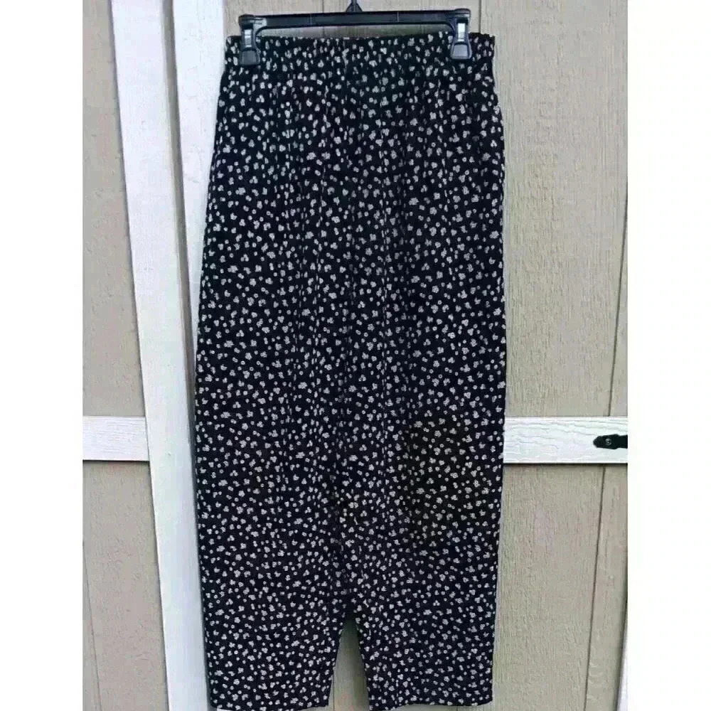 ALFRED DUNNER Ladies SZ 10 Black White Floral Pull On Pants Wide Pant Legs